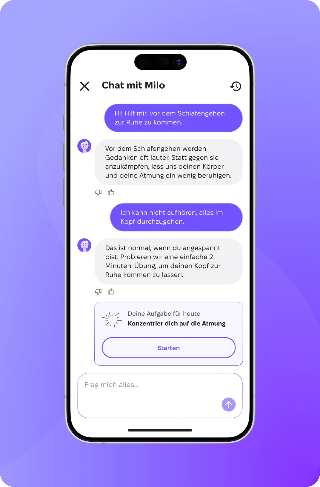 Screenshot eines vollständigen Gesprächs mit dem KI-Assistenten Milo