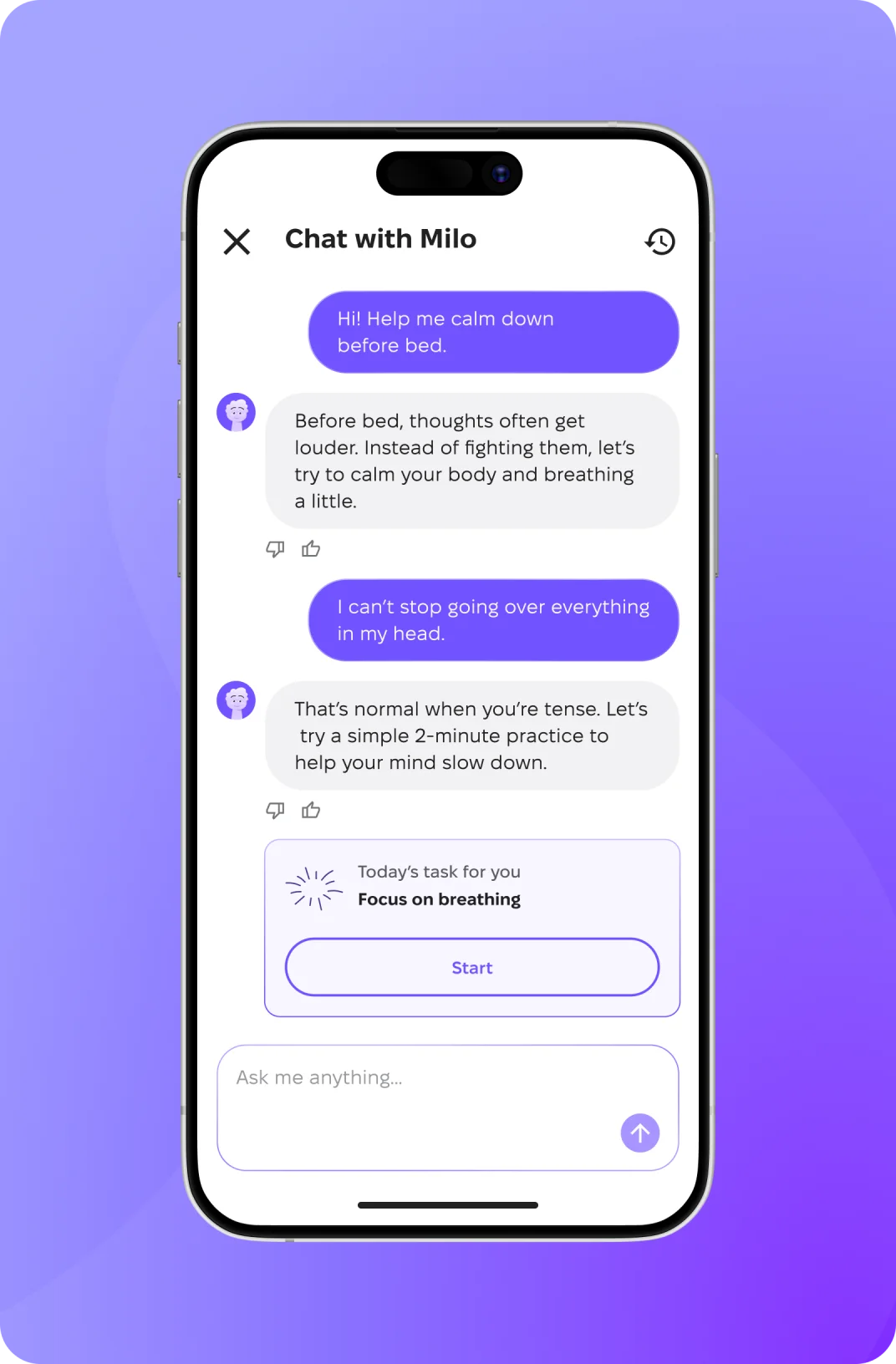 Screenshot of a full conversation with the Milo AI assistant