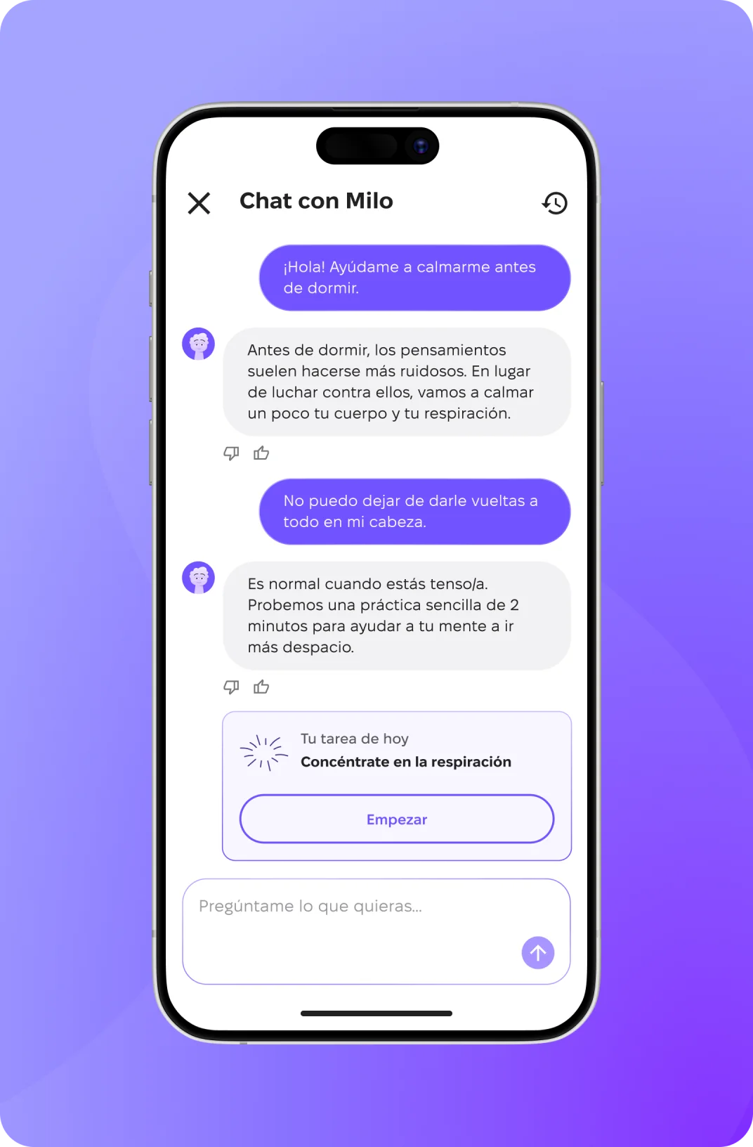 Captura de pantalla de una conversación completa con el asistente de IA Milo