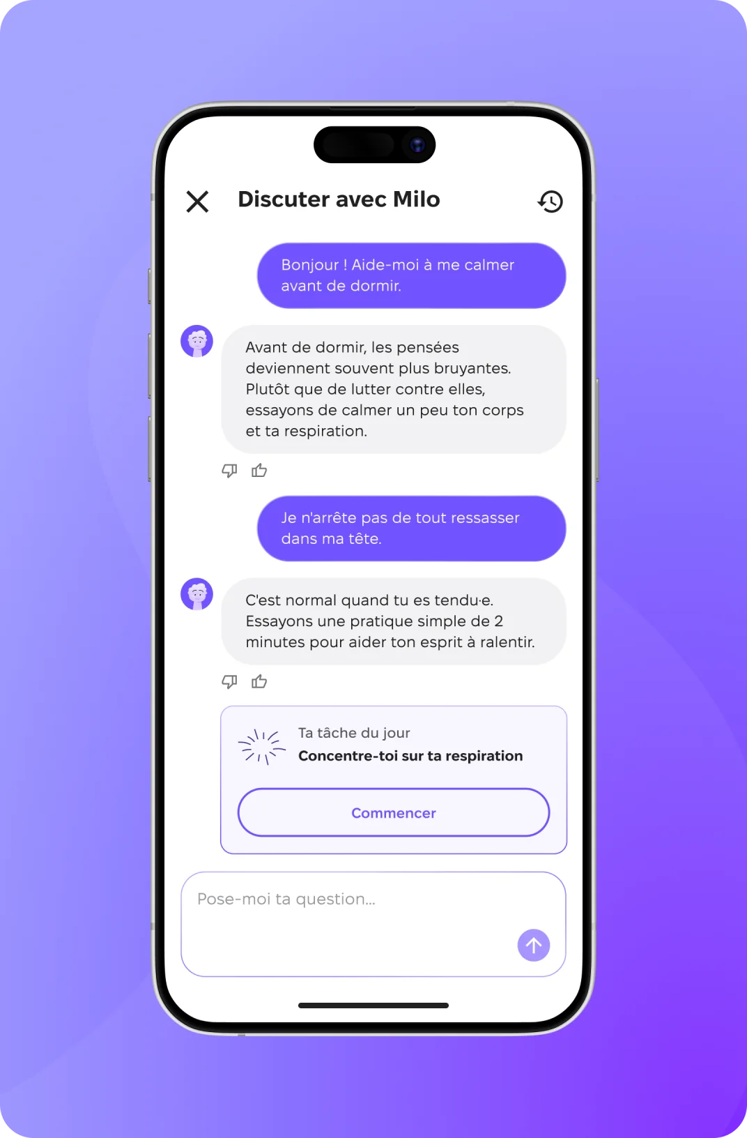 Capture d'écran d'une conversation complète avec l'assistant IA Milo