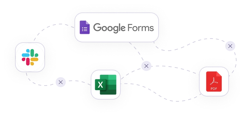 Схема розрізнених джерел даних, не з'єднаних між собою: Google Forms, Slack, Excel, PDF