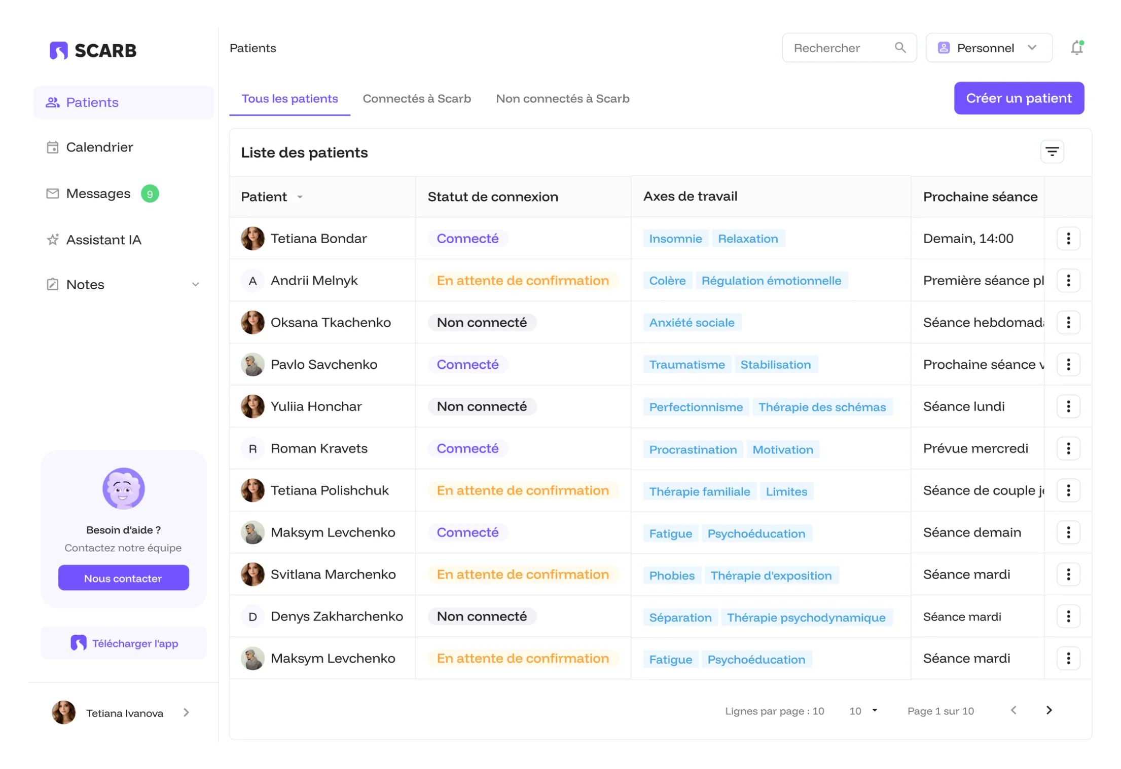 Aperçu de la liste des clients dans Scarb Space