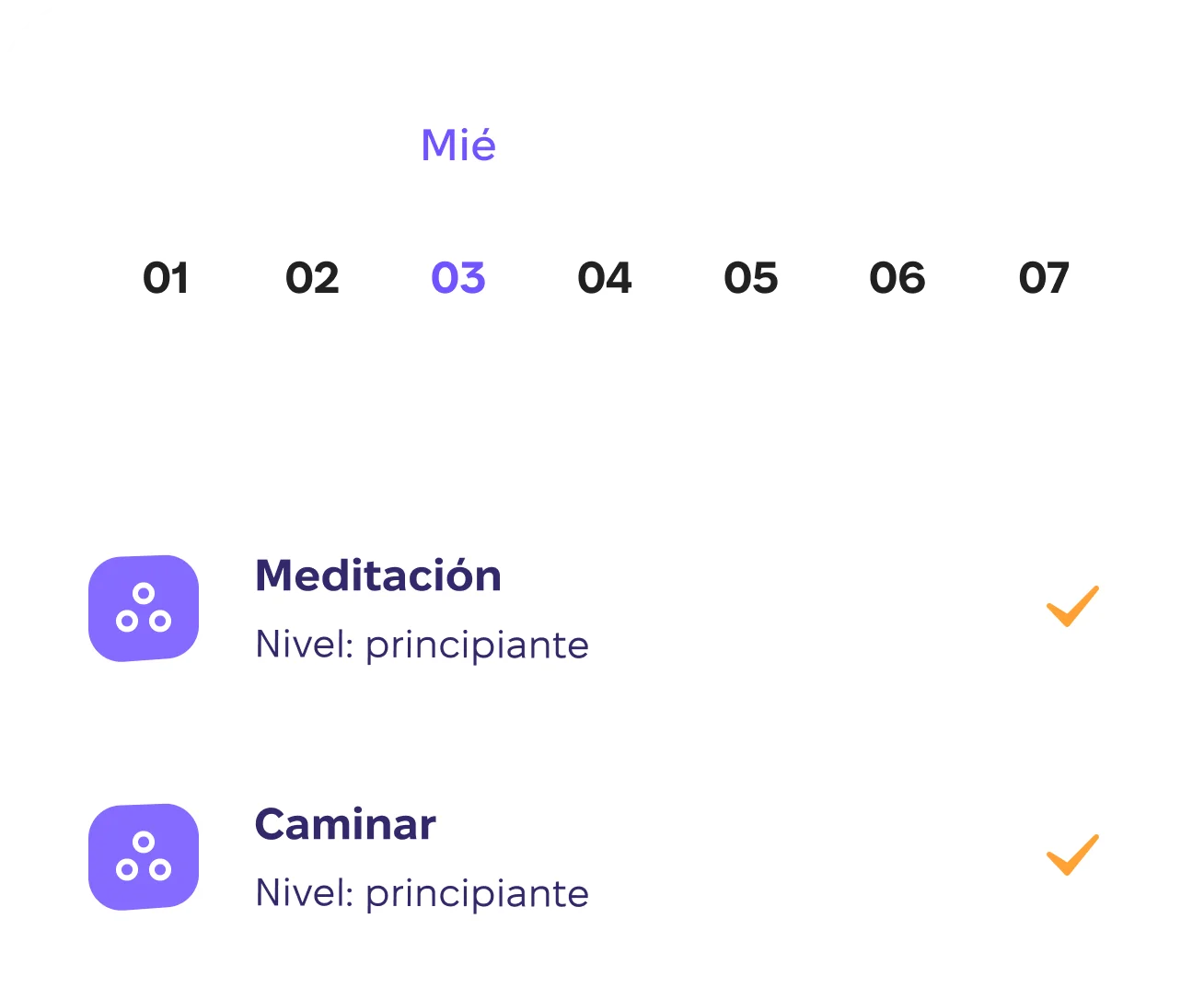 Resumen de ejercicios que muestra las prácticas completadas agrupadas por tipo y frecuencia.