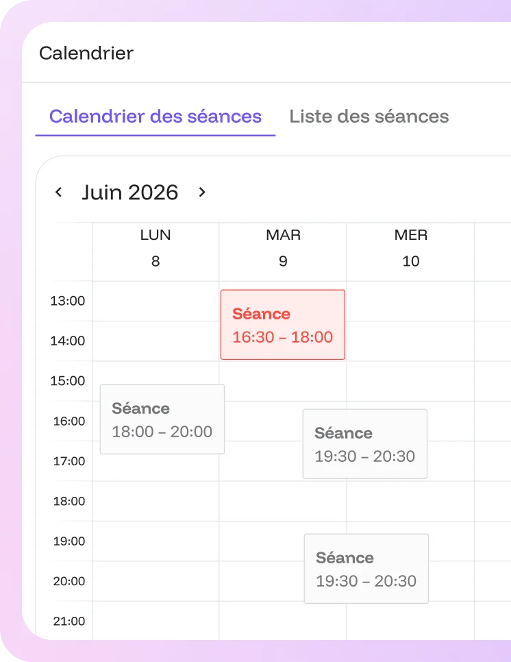 Calendrier des séances dans Scarb Space
