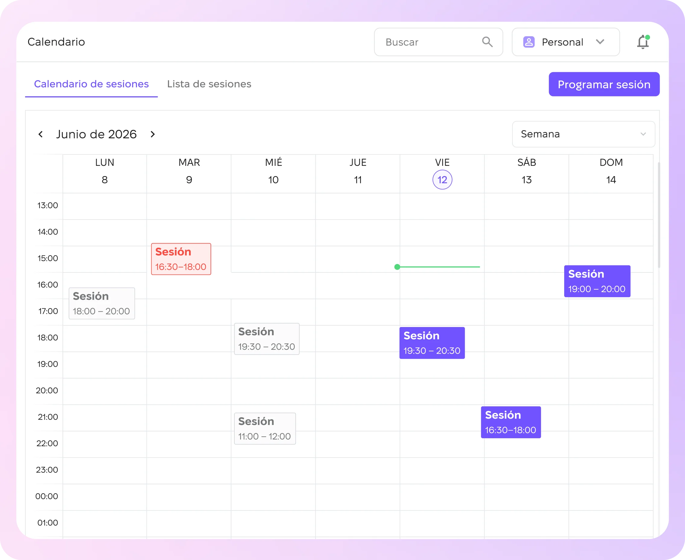 Calendario de sesiones en Scarb Space