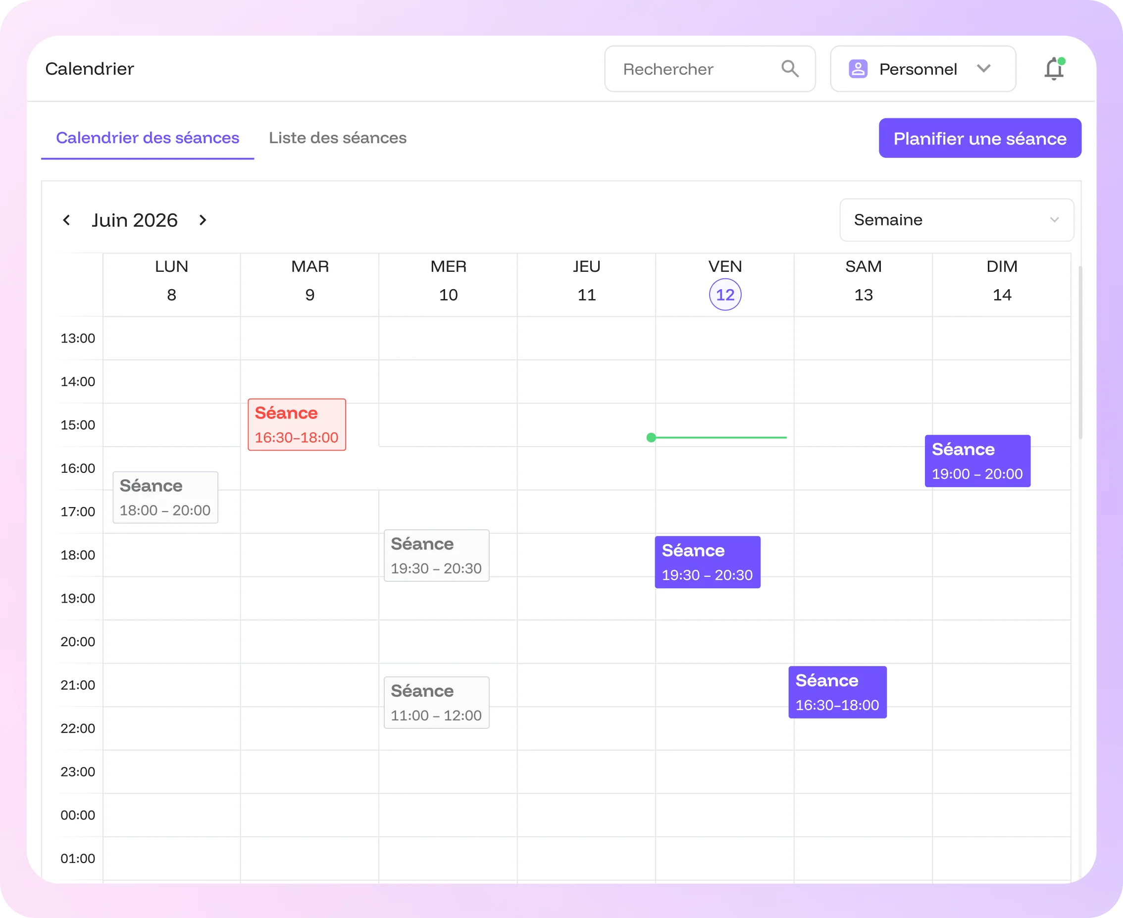 Calendrier des séances dans Scarb Space